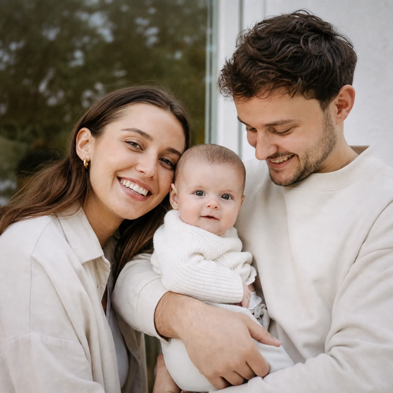 Eltern mit Baby im Arm, lächelnd vor heller Wand