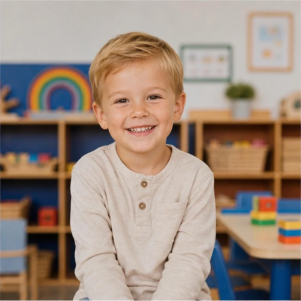 Lächelnder Junge in einem hellen Spielzimmer