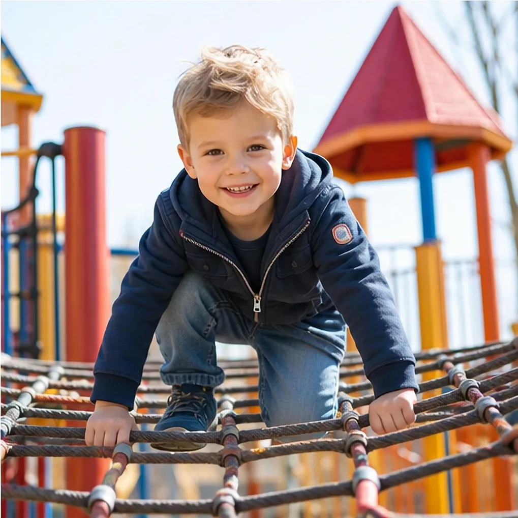 Junge klettert über ein Seilnetz auf dem Spielplatz