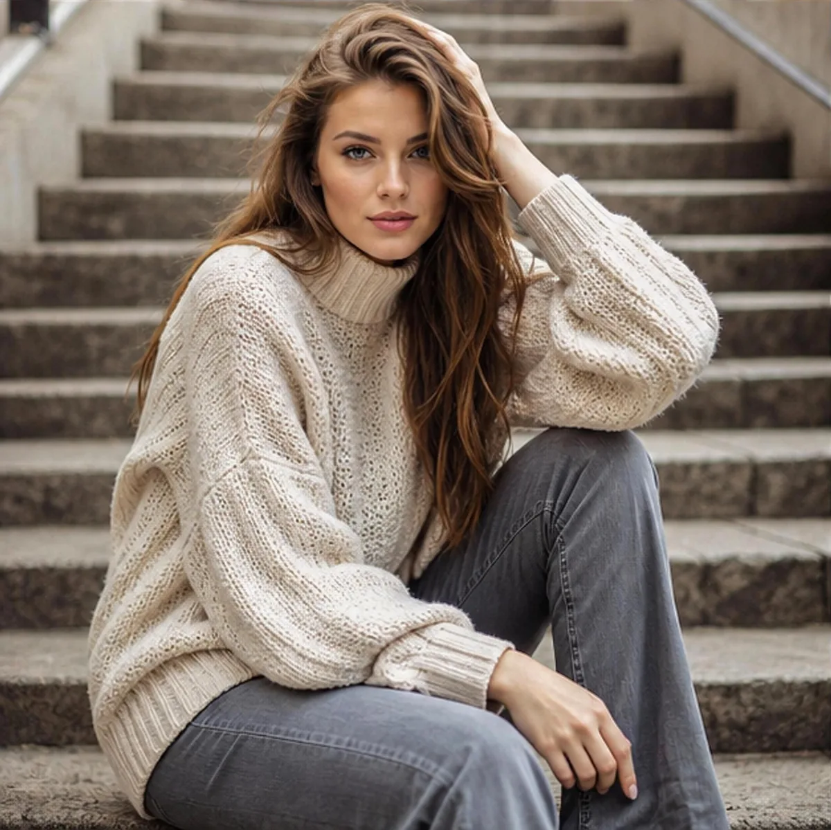 Frau im Strickpullover sitzt auf einer Steintreppe