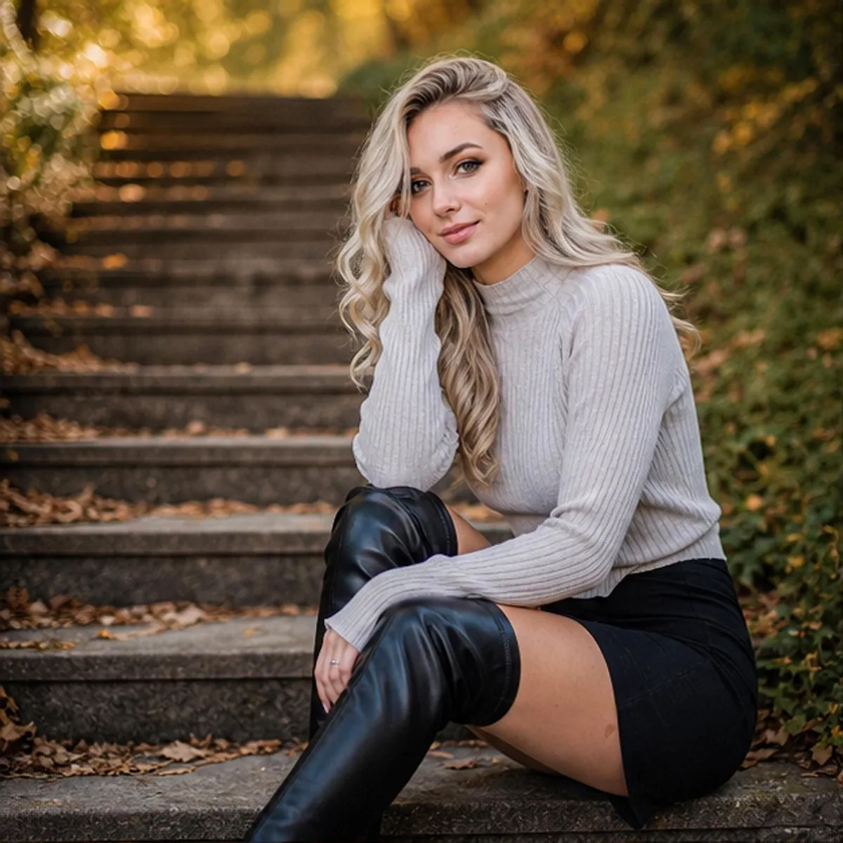 Frau in grauem Pullover und Stiefeln auf einer Laubtreppe