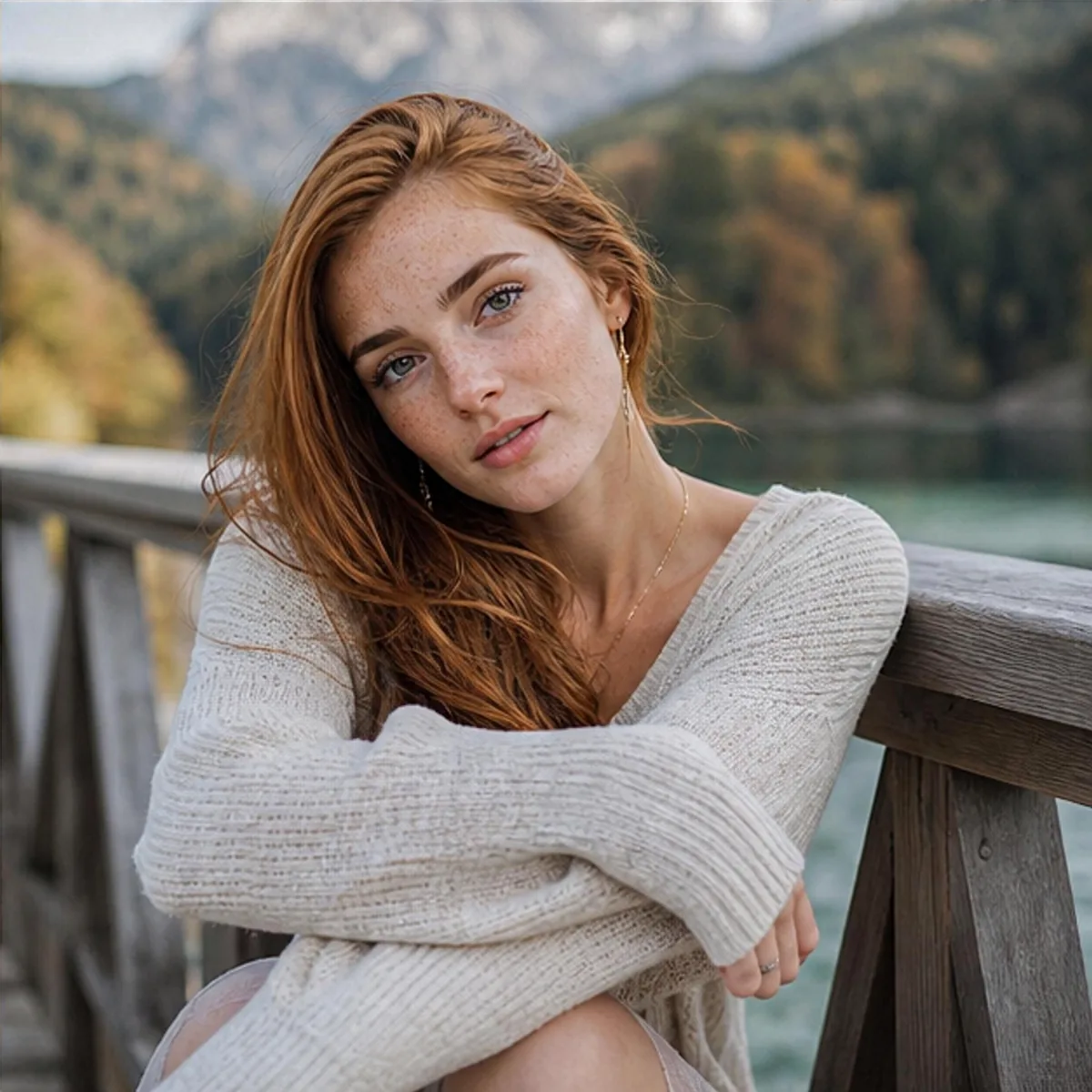 Frau mit roten Haaren an einem Geländer vor einem Bergsee